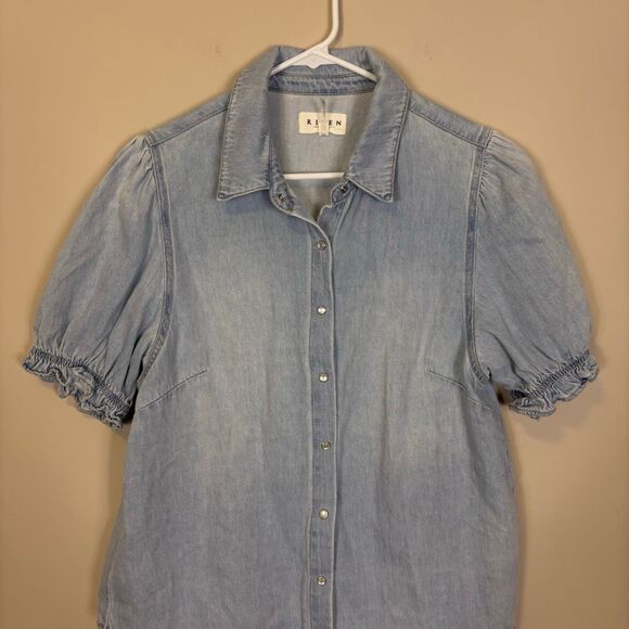 Risen Collared Button Front Denim Short Sleeve Ruffle Sleeve Size Large - Picture 4 of 6